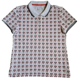 Tory Sport Tennis Racquet Motif White Orange Coolmax Stretch polo shirt, XL EUC